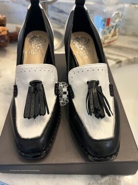 Vince Camuto Black and White Leather Tassel Loafers -